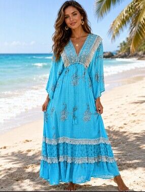 Zury Turquoise Paisley Swiss Dot Maxi Dress Fringed Tiered Boho One Size NWOT